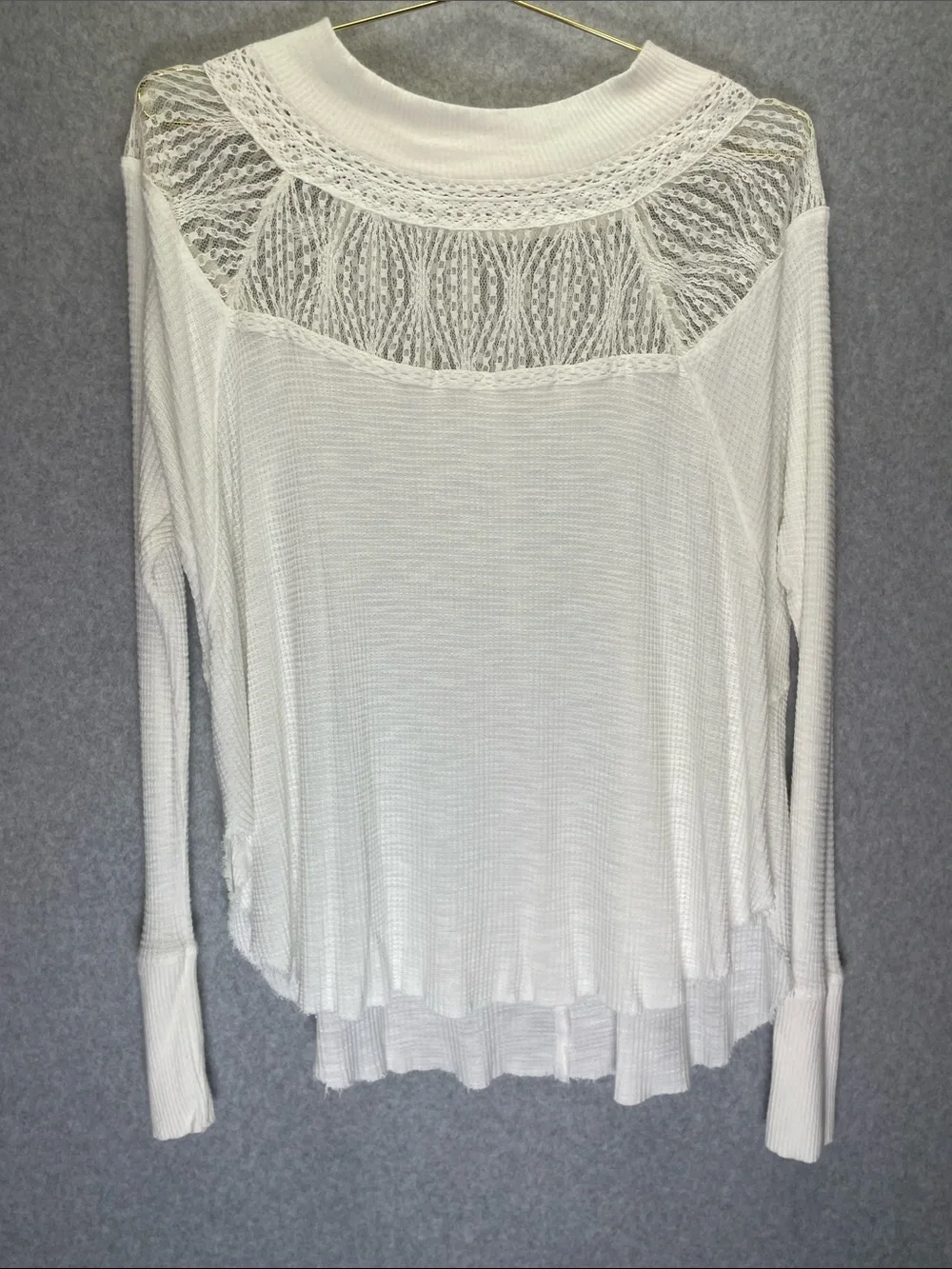 Free People Spring Valley Waffle Knit Lace  Neckline Long Sleeve Top